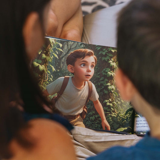 Parent and child reading a personalized storybook showing an illustrated jungle adventure